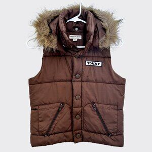 Tommy Jeans Vintage Brown Padded Vest Faux Fur Hood Removable Size S